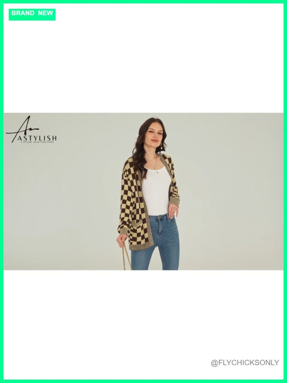 Open Front Checkered Cardigan Chunky Knit Women's Fall Sweater - Picture 6 of 6